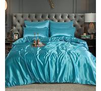 CHARKHAH Satin Silk 6 Piece Complete Bedding Set Durable Silky Fabric with Single Double King Size Bed Fitted Sheet Duvet Cover Comforter and 4 Pillow Cases (Single, Teal)