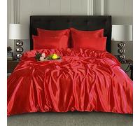 CHARKHAH Satin Silk 6 Piece Complete Bedding Set Durable Silky Fabric with Single Double King Size Bed Fitted Sheet Duvet Cover Comforter and 4 Pillow Cases (Single, Red)