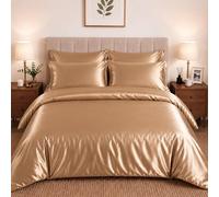 CHARKHAH Satin Silk 6 Piece Complete Bedding Set Durable Silky Fabric with Single Double King Size Bed Fitted Sheet Duvet Cover Comforter and 4 Pillow Cases (Gold, King)