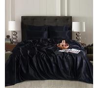 CHARKHAH Satin Silk 6 Piece Complete Bedding Set Durable Silky Fabric with Single Double King Size Bed Fitted Sheet Duvet Cover Comforter and 4 Pillow Cases (Double, Black)