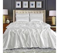 CHARKHAH Satin Silk 6 Piece Complete Bedding Set Durable Silky Fabric with Single Double King Size Bed Fitted Sheet Duvet Cover Comforter and 4 Pillow Cases (White, Super King)