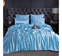 CHARKHAH Satin Silk 6 Piece Complete Bedding Set Durable Silky Fabric with Single Double King Size Bed Fitted Sheet Duvet Cover Comforter and 4 Pillow Cases (Super King, Sky)