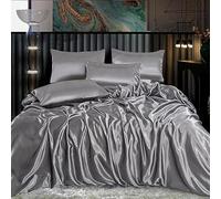 CHARKHAH Satin Silk 6 Piece Complete Bedding Set Durable Silky Fabric with Single Double King Size Bed Fitted Sheet Duvet Cover Comforter and 4 Pillow Cases (King, Silver)