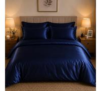 CHARKHAH Satin Silk 6 Piece Complete Bedding Set Durable Silky Fabric with Single Double King Size Bed Fitted Sheet Duvet Cover Comforter and 4 Pillow Cases (Single, Blue)