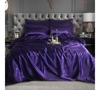 CHARKHAH Satin Silk 6 Piece Complete Bedding Set Durable Silky Fabric with Single Double King Size Bed Fitted Sheet Duvet Cover Comforter and 4 Pillow Cases (King, Aubergine)