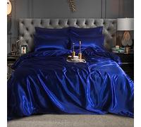 CHARKHAH Satin Silk 6 Piece Complete Bedding Set Durable Silky Fabric with Single Double King Size Bed Fitted Sheet Duvet Cover Comforter and 4 Pillow Cases (Double, Blue)