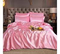 CHARKHAH Satin Silk 6 Piece Complete Bedding Set Durable Silky Fabric with Single Double King Size Bed Fitted Sheet Duvet Cover Comforter and 4 Pillow Cases (Super King, Pink)