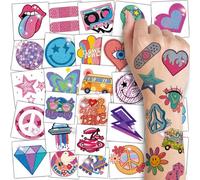 CHARLENT Glitter Groovy Temporary 70s Tattoos for Kids - 74 Individual Sheets Glitter Retro Flower Power Smiley Decorations Tattoo Stickers for Boys Girls Party Supplies