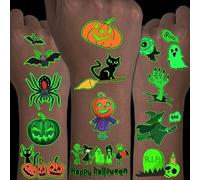 CHARLENT Halloween Luminous Temporary Tattoos for Kids Parties - 100 Glow in the Dark Designs with Pumpkins, Ghosts and Skeleton Motifs for Boys and Girls