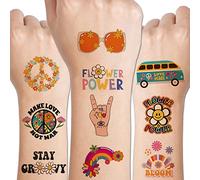 CHARLENT Hippie Temporary Tattoo Set Children - 79 Pieces Groovy 70s Flower Power Peace and Love Tattoos for Boys and Girls, Birthday Party Accessories