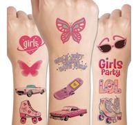 CHARLENT Pink Temporary Tattoos for Girls Party Supplies - 80 Pieces Retro Pink Temporary Tattoos for Birthday Party for Girls Goodie Bags Fillers