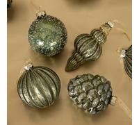 CHARLES BENTLEY 12 Piece Green Bauble Collection, Glass Christmas Baubles, Round, Pinecone & Ice Drop Shapes, Elegant Tree Decorations, Delicate Glass, Festive, Textured, Luxury Finish, in Green Tones