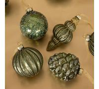 CHARLES BENTLEY 12 Piece Green Bauble Collection, Glass Christmas Baubles, Round, Pinecone & Ice Drop Shapes, Elegant Tree Decorations, Delicate