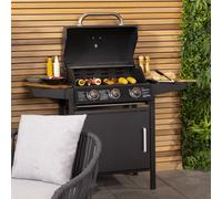 CHARLES BENTLEY 3 Burner Gas BBQ In Black With Warming Rack, Removable Grease Tray, Built In Thermometer, And Two Side Tables, Powder Coated And Great For BBQ's Outdoors (120x110cm)