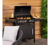 CHARLES BENTLEY 3 Burner Gas BBQ In Black With Warming Rack, Removable Grease Tray, Built In Thermometer, And Two Side Tables, Powder Coated And Great For BBQ's Outdoors (120x110cm)