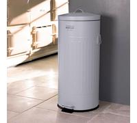 (Light Grey) Charles Bentley Retro Powder Coated Steel Waste Rubbish Kitchen Pedal Bin - Fully Assembled - 30L