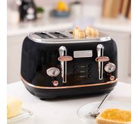 CHARLES BENTLEY Toaster, 4 Slice Toaster, Stainless Steel, Browning Control Dial with 6 Levels, Black & Gold, Crumb Tray, Cancel, Defrost, Reheat Settings, Cord Storage, Loading Handle (32x29x19cm)
