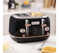 CHARLES BENTLEY Toaster, 4 Slice Toaster, Stainless Steel, Browning Control Dial with 6 Levels, Black & Gold, Crumb Tray, Cancel, Defrost, Reheat Settings, Cord Storage, Loading Handle (32x29x19cm)