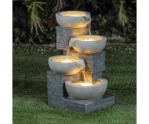 CHARLES BENTLEY 4 Tier Cascading Water Feature, Grey Brick Finish, Self Contained, 50HZ Pump, 220-240V, 10L Capacity, UV & Frost Resistant, 3 Built In LED Lights, 5m Cable (55.5x37x31cm)