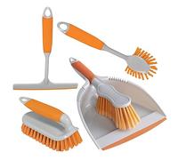 CHARLES BENTLEY 5 Piece Cleaning Set, Grey, Dustpan & Brush, Dish Brush, Scrubbing Brush, Squeegee, Comfortable Handles, Practical, Grey, Plastic, Soft Grip, Orange, Hanging Holes (32x24x10.5cm)