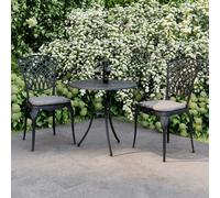 Charles Bentley Cast Aluminium Bistro Round Table And 2 Chairs Set Black Outdoor Table with Dark Grey Cushions