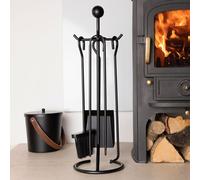 Charles Bentley Snug Cedar Fireside Companion Set with Poker Tongs Coal Shovel Brush Tool Stand Iron Matte Black Finish