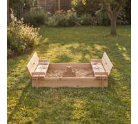 CHARLES BENTLEY Wooden Sandpit with Fold Down Benches & Lid, FSC Certified Timber, 100kg Capacity, Includes Drainage Liner, UKCA & CE Safety