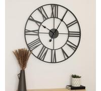 Charles Bentley Clock, Indoor, Wall Clock, Round, Minimalist, Skeleton Clock, with Roman Numerals, Matte, Black, Large, Contemporary, Long Sweeping Hands, Lightweight, Wrought Iron (80x80x4.5cm)