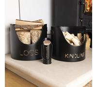 CHARLES BENTLEY Fireplace Set, Snug, Hickory, Fireside Set, Large Wood Bucket, Small Kindling Bucket, Matchstick Holder, Matte, Fireplace Essentials, Handle, Match Lighter, Word Detailing (36x36x31cm)