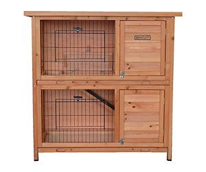 CHARLES BENTLEY FSC Wooden, Two Storey Pet Hutch, Two Doors, Cage, Natural Wood, Ramp, Plastic Fixed Tray, Strong Lock, Black Mesh, Waterproof, Sloped Roof, Separate Sleeping Area (104x104x50cm)
