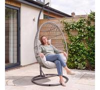 CHARLES BENTLEY Freestanding Hanging Swing Seat, Grey Egg Hanging Bench, Seating, Outdoor And Indoor, PE Rattan Weave, Hammock, Grey Stand, Washable Cushions, Easy Clean, Showerproof (95x80x195cm)