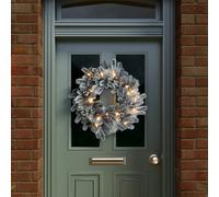 CHARLES BENTLEY Indoor Outdoor 60cm Pre-Lit Red Berry & Pinecone Snowy Wreath, Christmas, Warm White Micro LED Lights, Battery Operated With No Plug, Snow-Dusted Festive Door Decoration