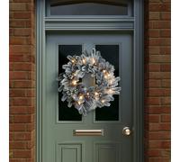 CHARLES BENTLEY Indoor Outdoor 60cm Pre-Lit Red Berry & Pinecone Snowy Wreath, Christmas, Warm White Micro LED Lights, Battery Operated With No Plug,
