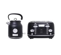 CHARLES BENTLEY Kettle & Toaster Set, Matt Black and Silver, 1.7L 3kW Fast Boil Kettle + 4 Slice 1750W Toaster, 360° Swivel Base, 6 Level Browning, Defrost, Reheat, Auto Shut Off, Removable Crumb Tray