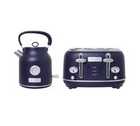 CHARLES BENTLEY Kettle & Toaster Set, Matt Dark Blue and Silver, 1.7L 3kW Fast Boil Kettle + 4 Slice 1750W Toaster, 360° Swivel Base, 6 Level Browning, Defrost, Reheat, Auto Shut Off