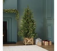 CHARLES BENTLEY Luxury Indoor Outdoor 4ft Pre-Lit Faux Christmas Tree in Box Planter, 122cm, Warm White LED Lights, Artificial Tree, Wooden-Effect Pot, Indoor & Outdoor Use, Realistic Green Branches