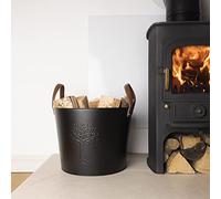 CHARLES BENTLEY Bucket, Snug, Mulberry, Wood Bucket, Timeless Style, Iron, Large Bucket, 6kg Capacity, Real Leather, Iron, Log Bucket, Timeless Style, Contrasting Colour Handles (36x35x31cm)