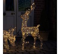 CHARLES BENTLEY Outdoor & Indoor Large Rattan Light Up Reindeer Decoration, 120cm, Rattan, Brown Metal Frame, Plug-In Micro LED Lights, Timer Feature, Ground Pegs & Cable Ties Included, Christmas