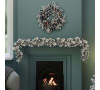 CHARLES BENTLEY Pre-Lit Snowy Red Berry and Pinecone Garland, 180cm, Warm White Plug-In LED Lights, Artificial Tree, Snow-Dusted Green Foliage, Full &