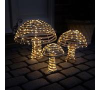 CHARLES BENTLEY Set of three indoor outdoor Rattan Light Up Mushrooms, Warm White Micro LED Lights, Christmas, Rattan Toadstools, Single Plug Connection, Timer Function, Cable Ties & Ground Pegs