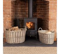 CHARLES BENTLEY Log Basket, Snug, Set Of Two, Oval, Wicker, Storage, Handmade, Nesting Handles, Carry Handles, Stackable, Aesthetic, Traditional, Modern Fireplace (60x45x34cm)