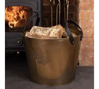 CHARLES BENTLEY Snug Mulberry Large Leather Handle Log Bucket, Metal, Leather, Antique Gold Coloured Finish, Timeless Style, Tree Logo, 6kg Log Capacity, Rustic, Powder Coated, 2.2kg (45x45x35cm)