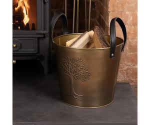 CHARLES BENTLEY Snug Mulberry Small Leather Handle Log Bucket, Metal, Leather, Antique Gold Coloured, Timeless Style, Tree Logo, 4kg Log Capacity, Rustic, Powder Coated, Fireside, 1.4kg (35x35x31cm)