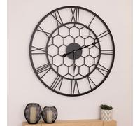 CHARLES BENTLEY Stanwick Outdoor And Indoor Wall Clock, Black Coating, Skeleton Design, Metal, Quiet Ticking, Roman Numerals, Giant Open Face, Analog, Patio Clock, Living Room, Kitchen (90x90x4.5cm)