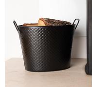 CHARLES BENTLEY Log Bucket, Snug, Willow, Large, Fireside Log Bucket, Iron, Oval Opening, Black Matte Finish, Contemporary, Diamond Embossed Body, Solid Metal Handles, 6KG Log Capacity (53x40x38cm)