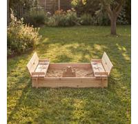 CHARLES BENTLEY Wooden Sandpit with Fold Down Benches & Lid, FSC Certified Timber, 100kg Capacity, Includes Drainage Liner, UKCA & CE Safety Certified, 120x120cm