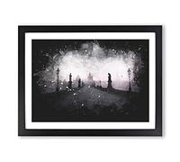 Charles Bridge In Prague Paint Splash Modern Art Framed Print | A4 Black Framed Wall Art | Ready to Hang | Modern Cityscape Picture | Living Room Bedroom Lounge Office