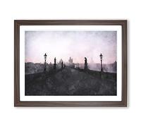 Charles Bridge In Prague Painting Modern Art Framed Print | A3 Walnut Framed Wall Art | Ready to Hang | Modern Cityscape Picture | Living Room Bedroom Lounge Office