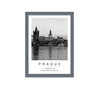 Charles Bridge Travel Print Prague Wall art Black and white Poster A4 Print in Grey frame 24.5 X 33cm (9.6x13inch)
