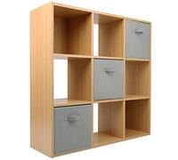 Charles Jacobs Oak 9 Cube Storage Shelving Unit + 3 Grey Fabric Drawers